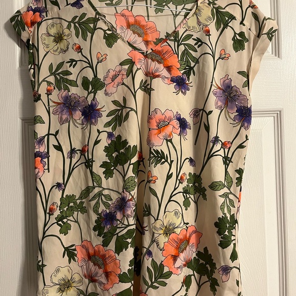 Express Tops - Express Cream Floral V-Neck Blouse with Orange & Purple Blooms